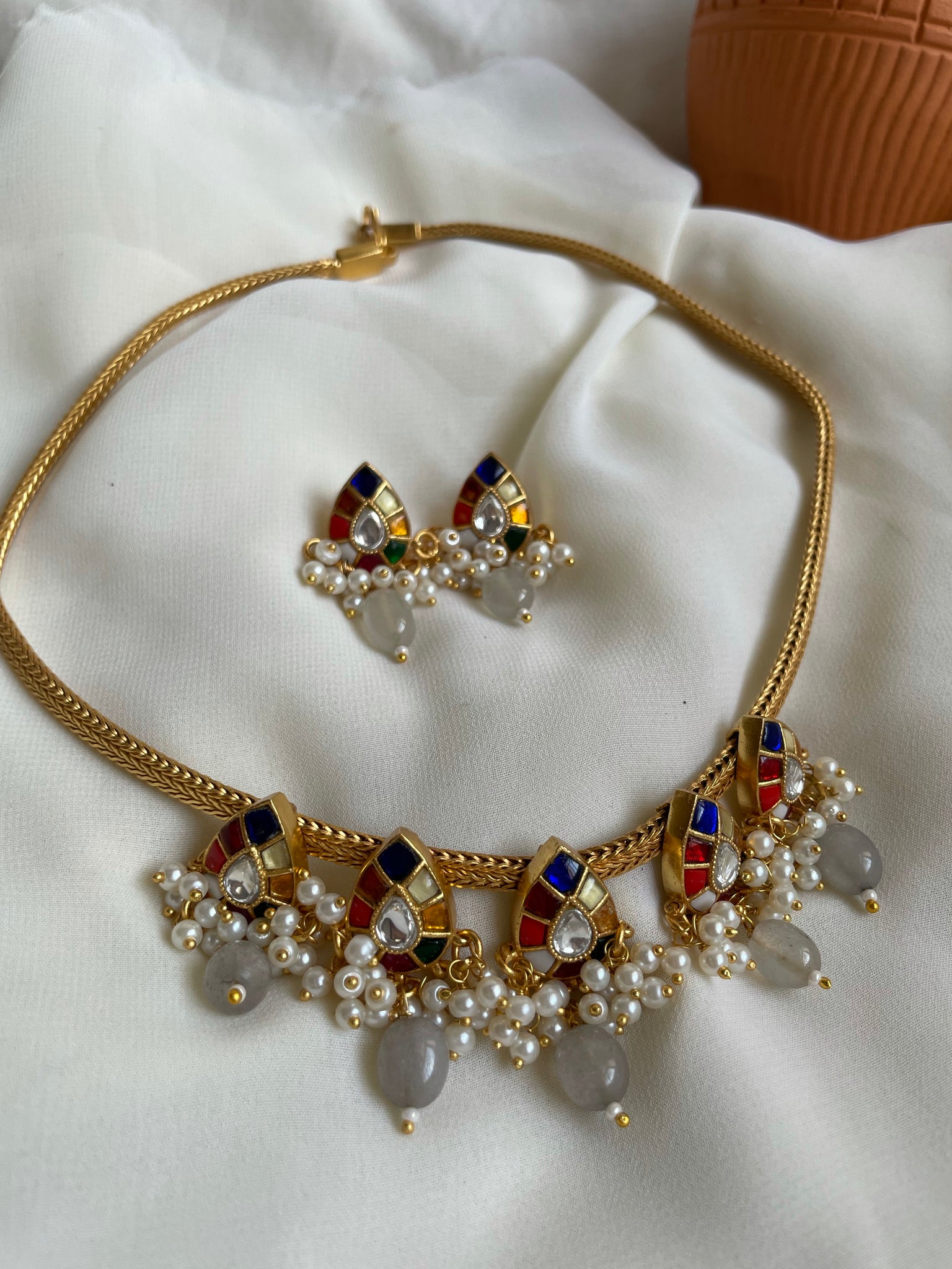 Navaratna Kundan tear drop necklace with grey beadwork