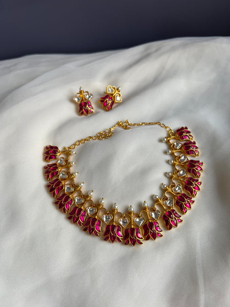 Kundan lotus necklace with studs