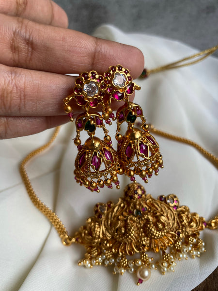 Dual peacock intricate Choker with Jhumkas