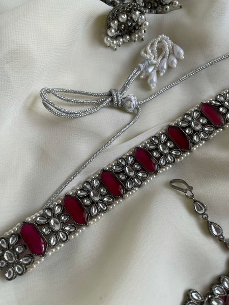 Rhodium finish ruby choker bridal set