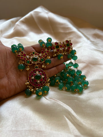 Kundan pendant in Pumpkin bead Haram with studs-PRE BOOK