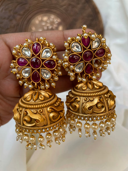 Kemp flower Matte Jhumkas with bead work- 5 Colors