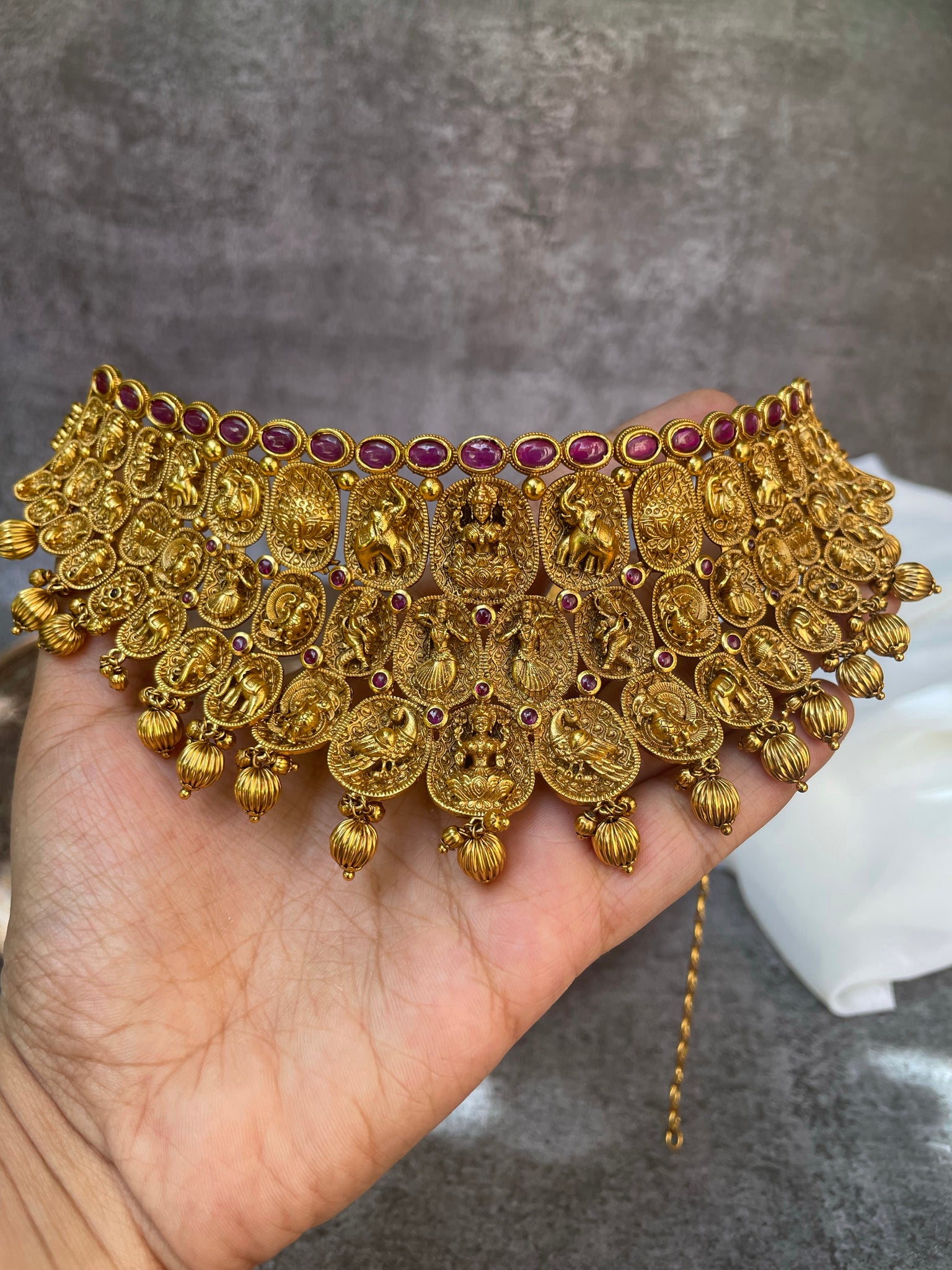 Nrithya Lakshmi full neck choker with Jhumkas