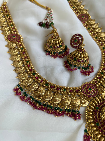 Kemp flower Lakshmi coin haram with Jhumkas