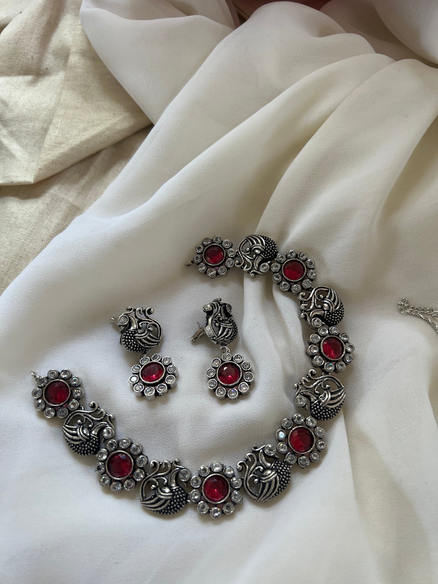 Oxidised stone Mayil necklace with studs
