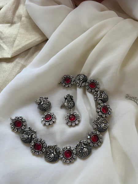 Oxidised stone Mayil necklace with studs