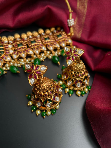 Premium jadau look alike choker with jhumkas