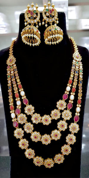 Tri-layer navaratna Haram with jhumkas