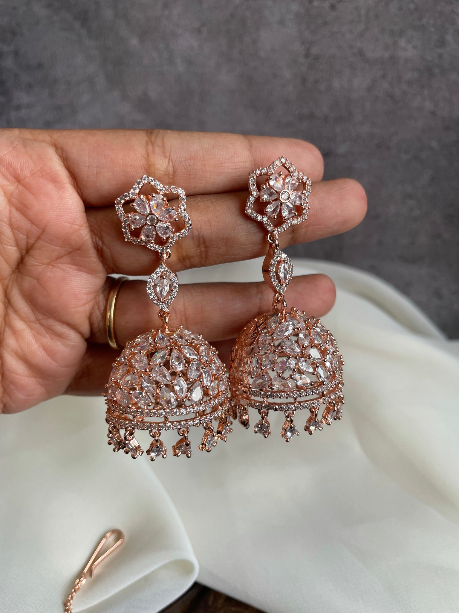 Rose gold flower  Jhumkas with tika