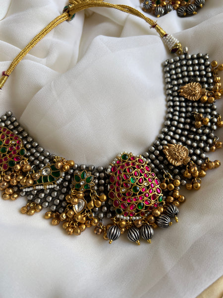 Reconstructed Kundan Annam oxidised necklace with studs