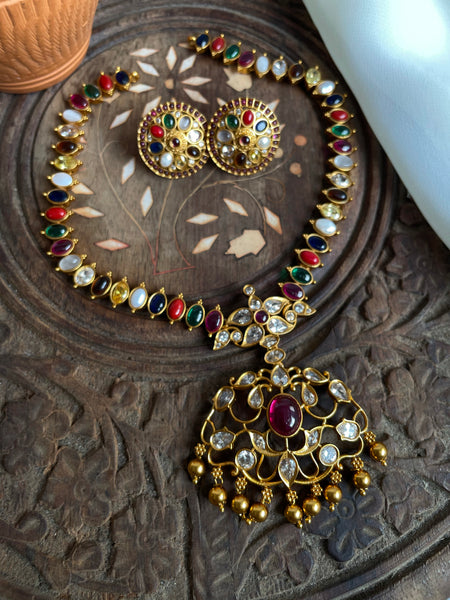 Navaratna attigai with cutwork pendant and studs