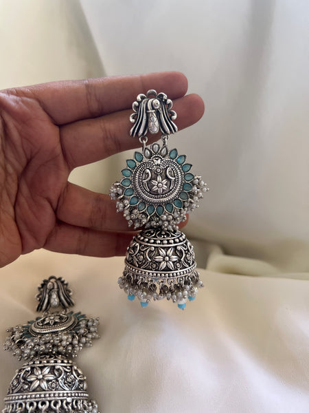 Blue oxidised peacock Jhumkas