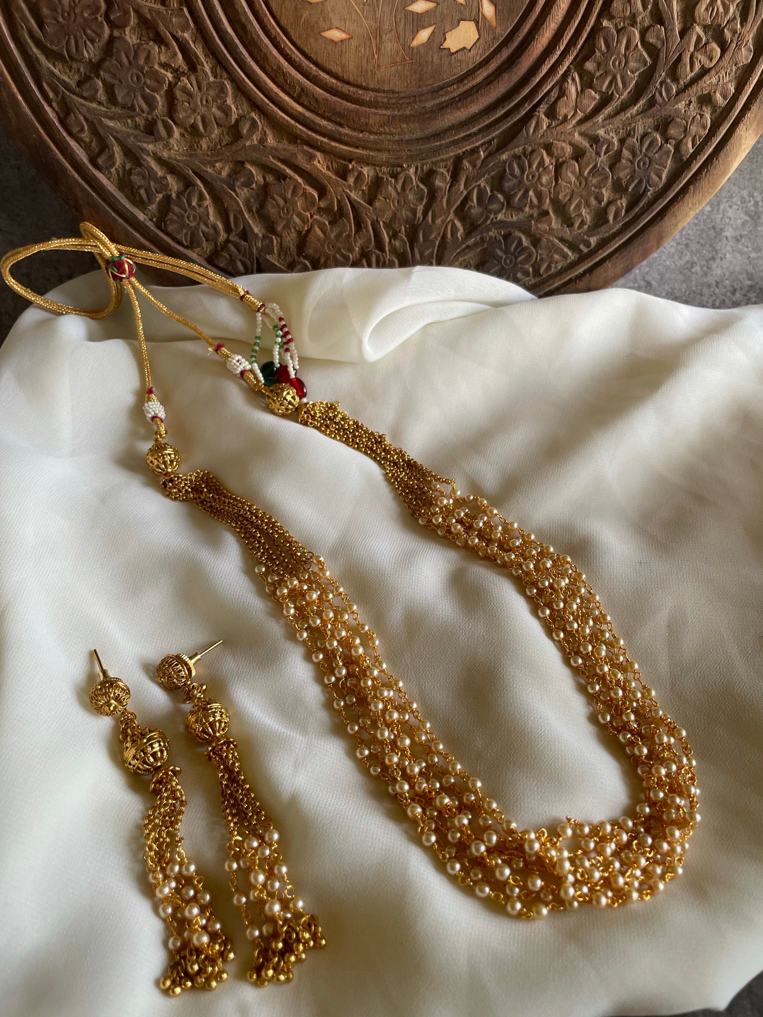 Golden Pearl  maala with long earrings