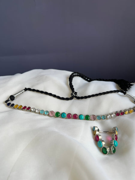Navaratna silver choker with studs