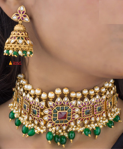 Premium jadau look alike choker with jhumkas