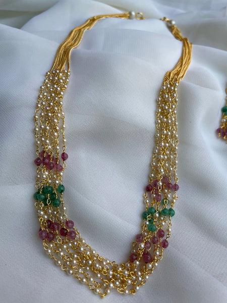 Multi color Pearl maala with earrings - 8/12/14 layer