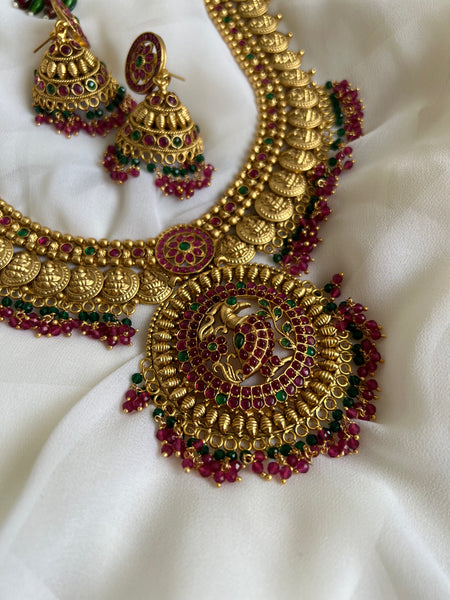 Kemp flower Lakshmi coin haram with Jhumkas