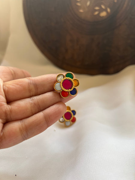 Navaratna Kundan flower silver studs