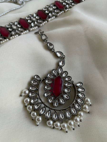 Rhodium finish ruby choker bridal set
