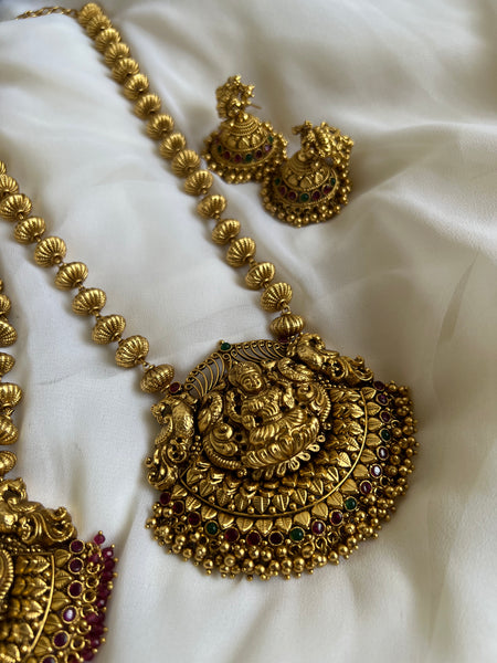 Antique temple necklace with Lakshmi jhumkas
