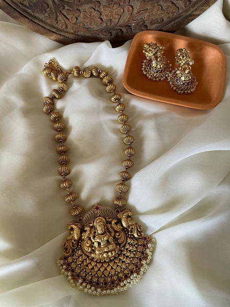 Antique temple necklace with Lakshmi jhumkas