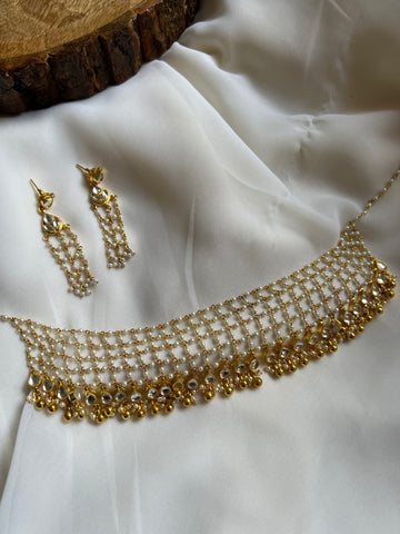 Ahmedabadi Kundan Pearl Jaali choker with long earrings