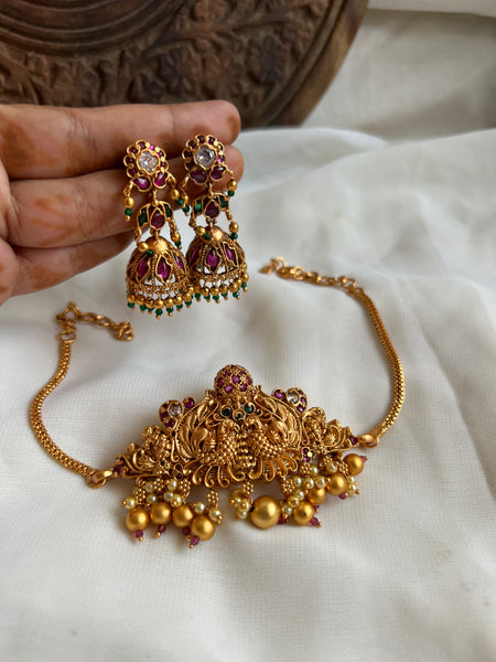 Dual peacock intricate Choker with Jhumkas