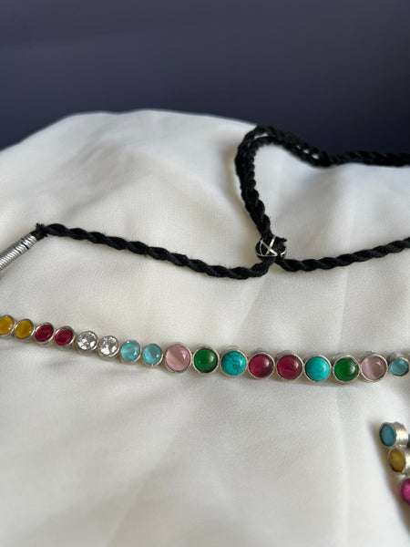 Navaratna silver choker with studs