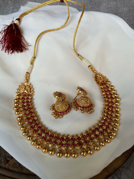 Gold like Ruby antique necklace with jhumkas