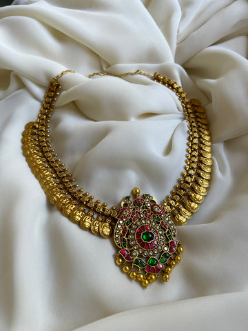 Dual peacock Kundan coin necklace