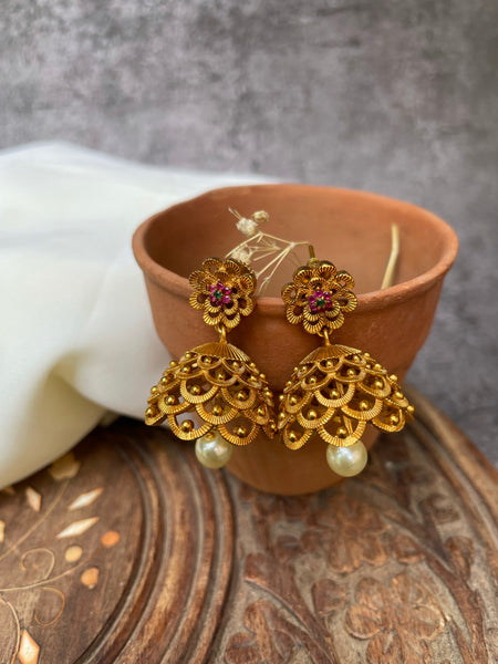 Small cutwork jhumkas with ruby flower