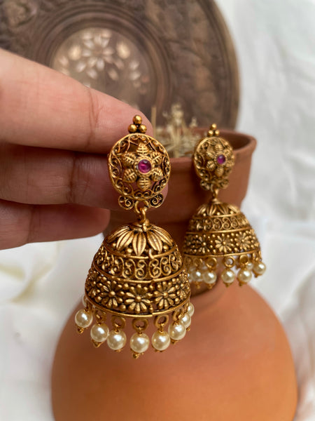 Antique cutwork Ruby Jhumkas