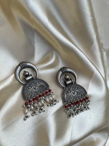 Oxidised chaand earrings with beadwork