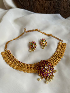 Kemp flower pendant in Lakshmi coin necklace with studs
