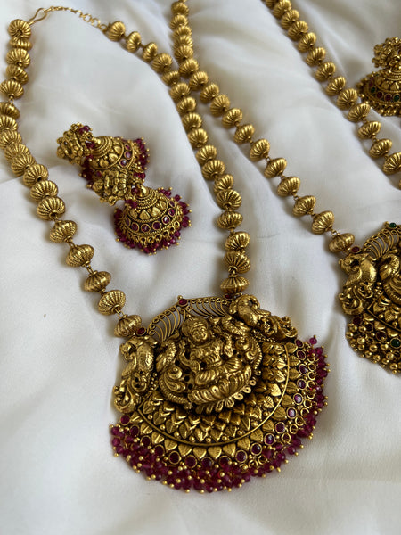 Antique temple necklace with Lakshmi jhumkas