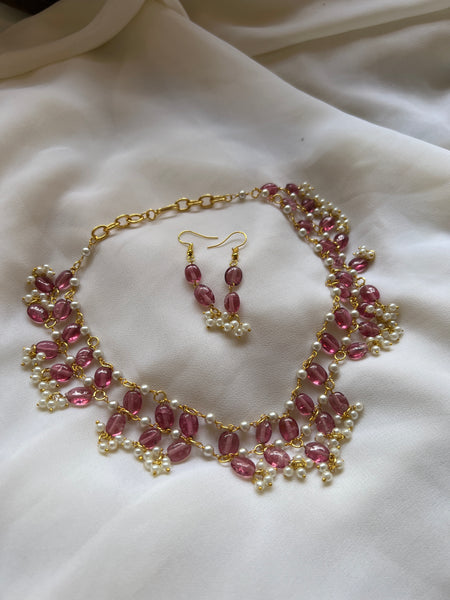 Bead Pearl necklace with hook earrings