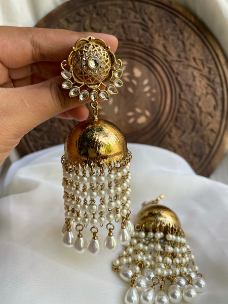 Jumbo Golden Pearl tassel Jhumkas