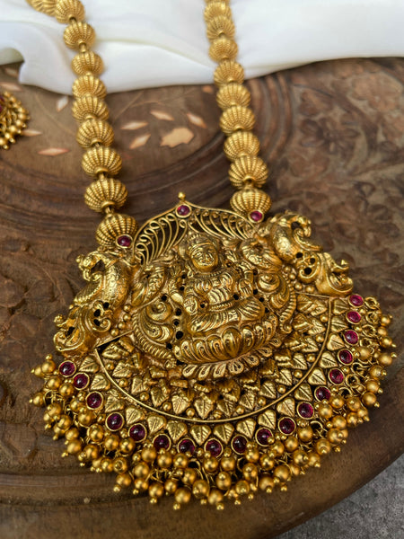 Antique temple necklace with Lakshmi jhumkas