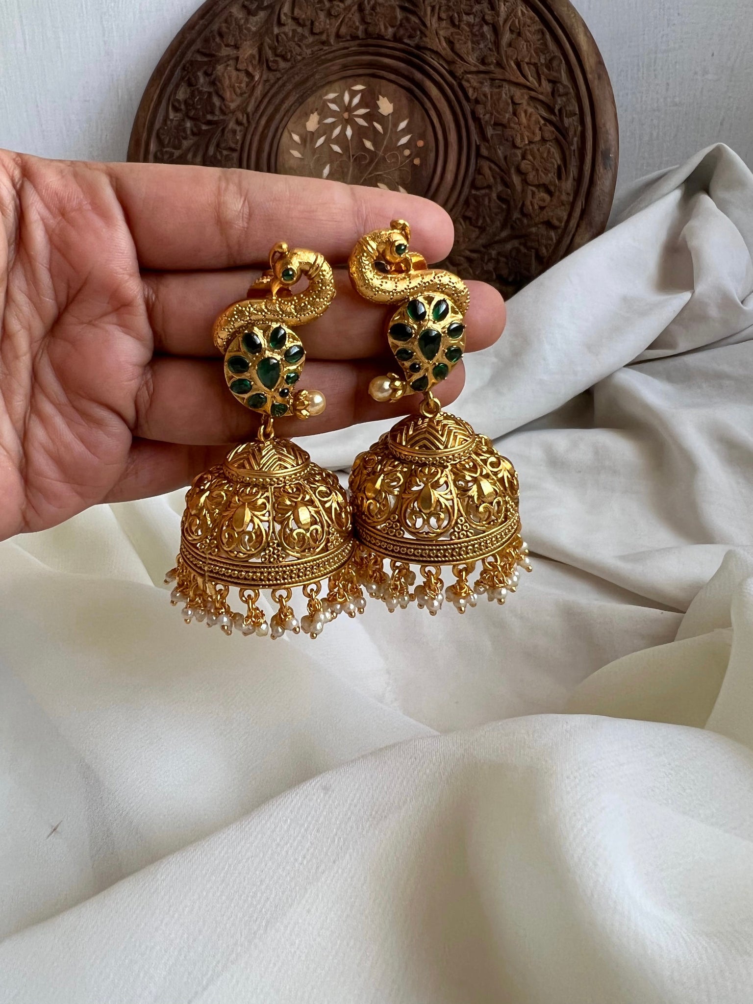Jumbo kemp emerald manga cutwork Jhumkas