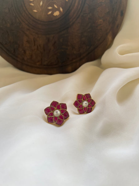 Kundan flower ruby silver studs