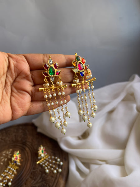 Navaratna stud Pearl danglers