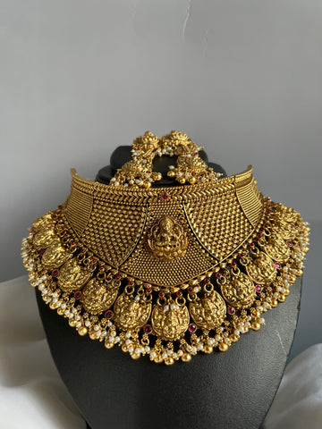 Full neck antique designer Lakshmi choker with long earrings
