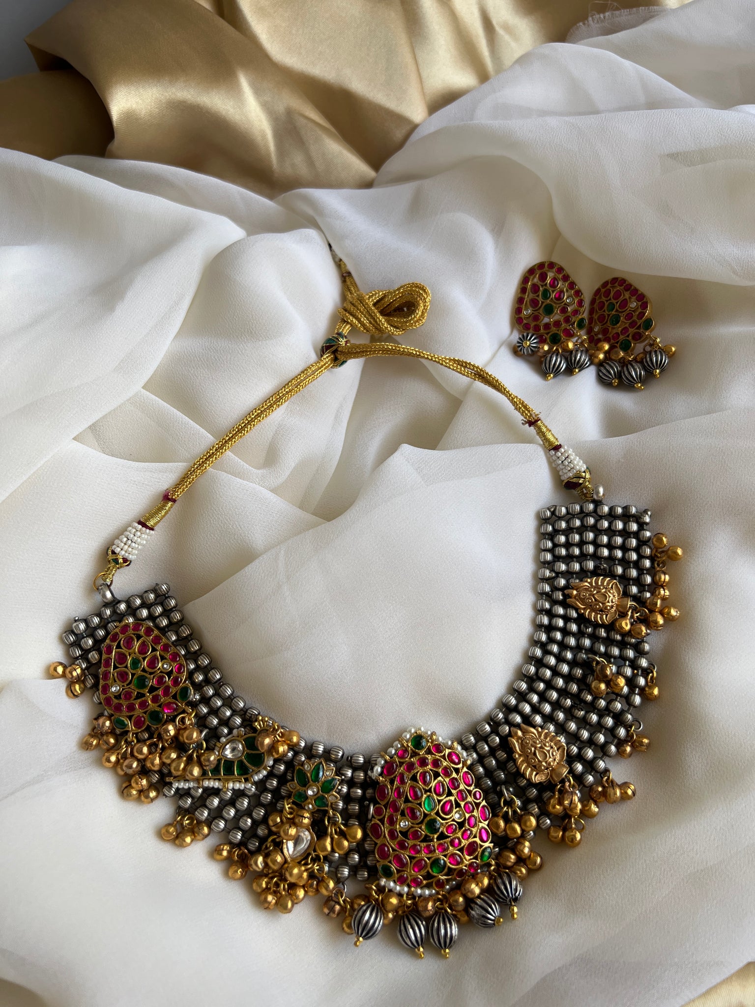 Reconstructed Kundan Annam oxidised necklace with studs
