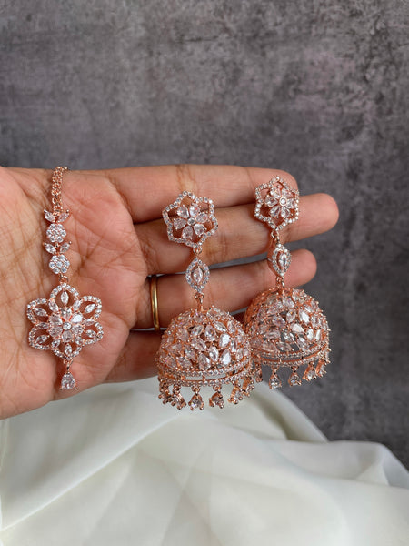 Rose gold flower  Jhumkas with tika