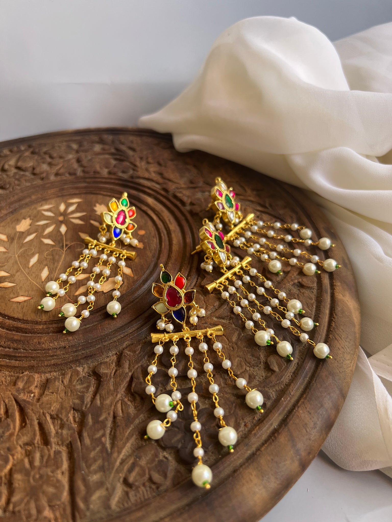 Navaratna stud Pearl danglers