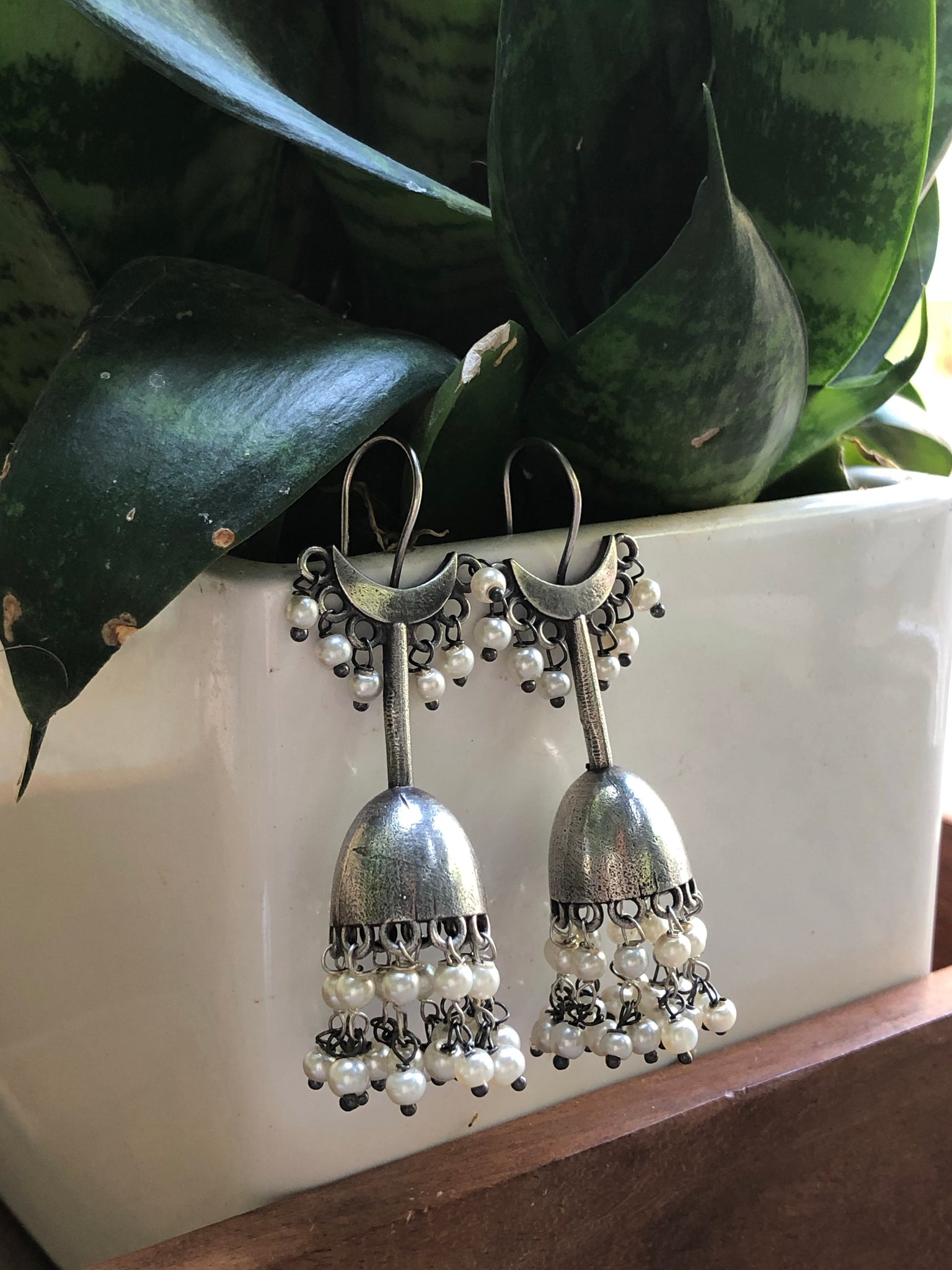 Pearl silver hook Jhumkas