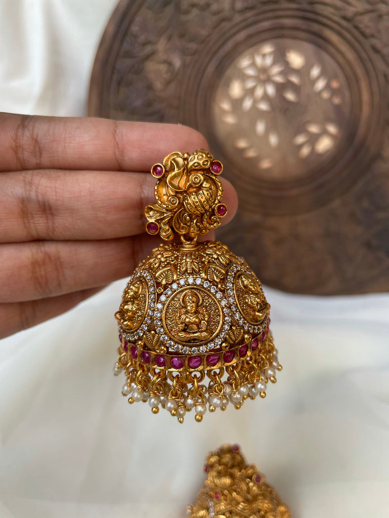 Big Premium Traditional Ruby Lakshmi Jhumka Earrings|Kollam Supreme