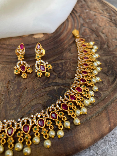 Ruby tear drop Ad necklace with studs