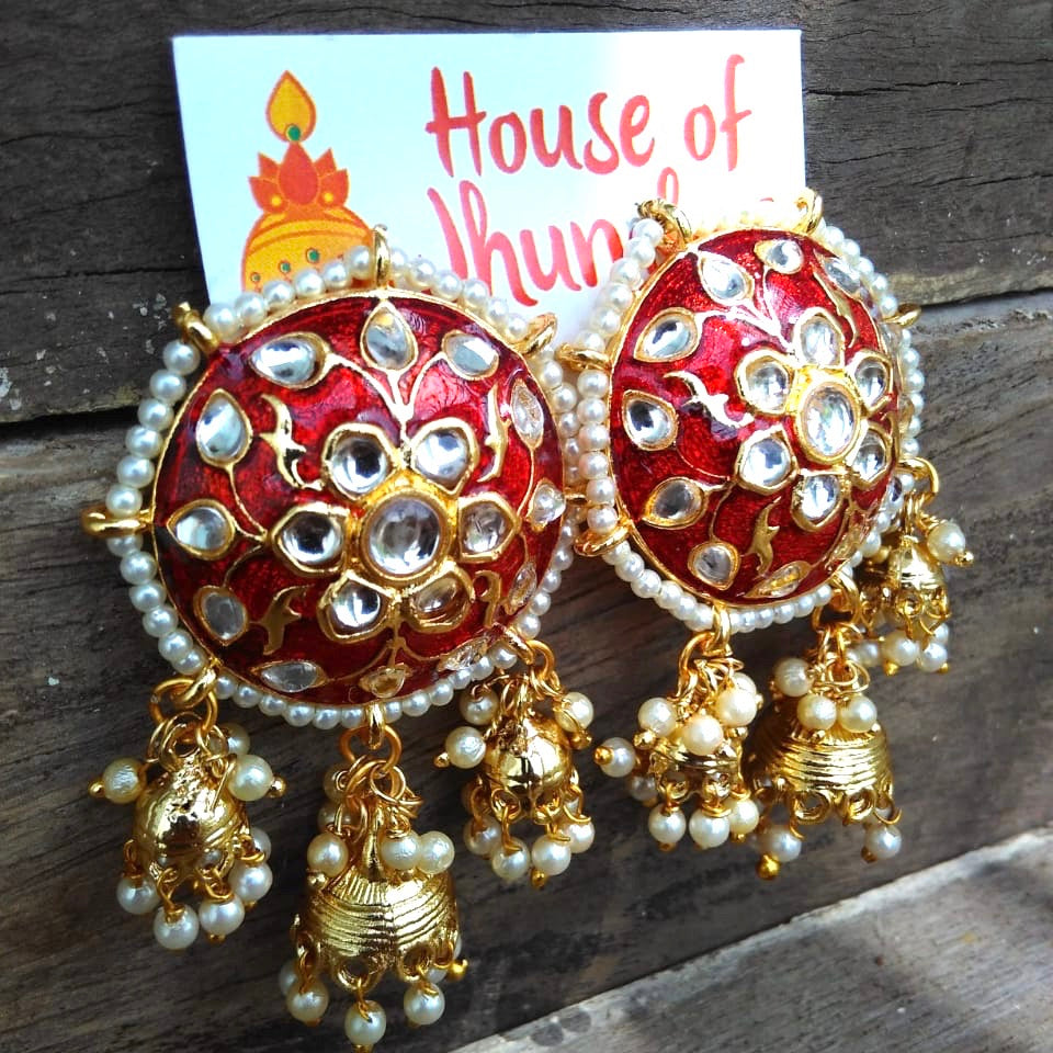 Enamel stud with triple jhumka studs