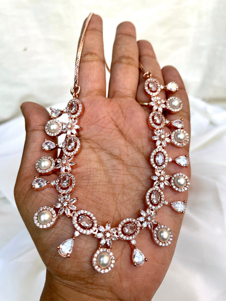 Rose polish Pearl necklace with earrings